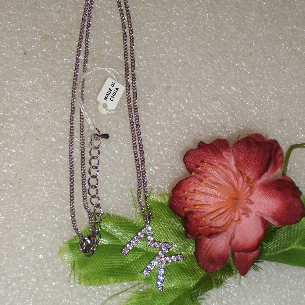 MICHAEL KORS Silver Tone Pave MK Logo Pendent Necklace NEW